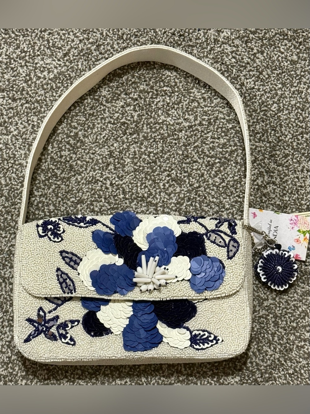 Handcrafted In India Beaded Bag Blue Flowers with Bag Charm